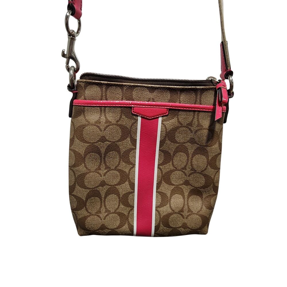 Coach Signature Stripe Crossbody Bag Brown Pink Canvas Leather Small